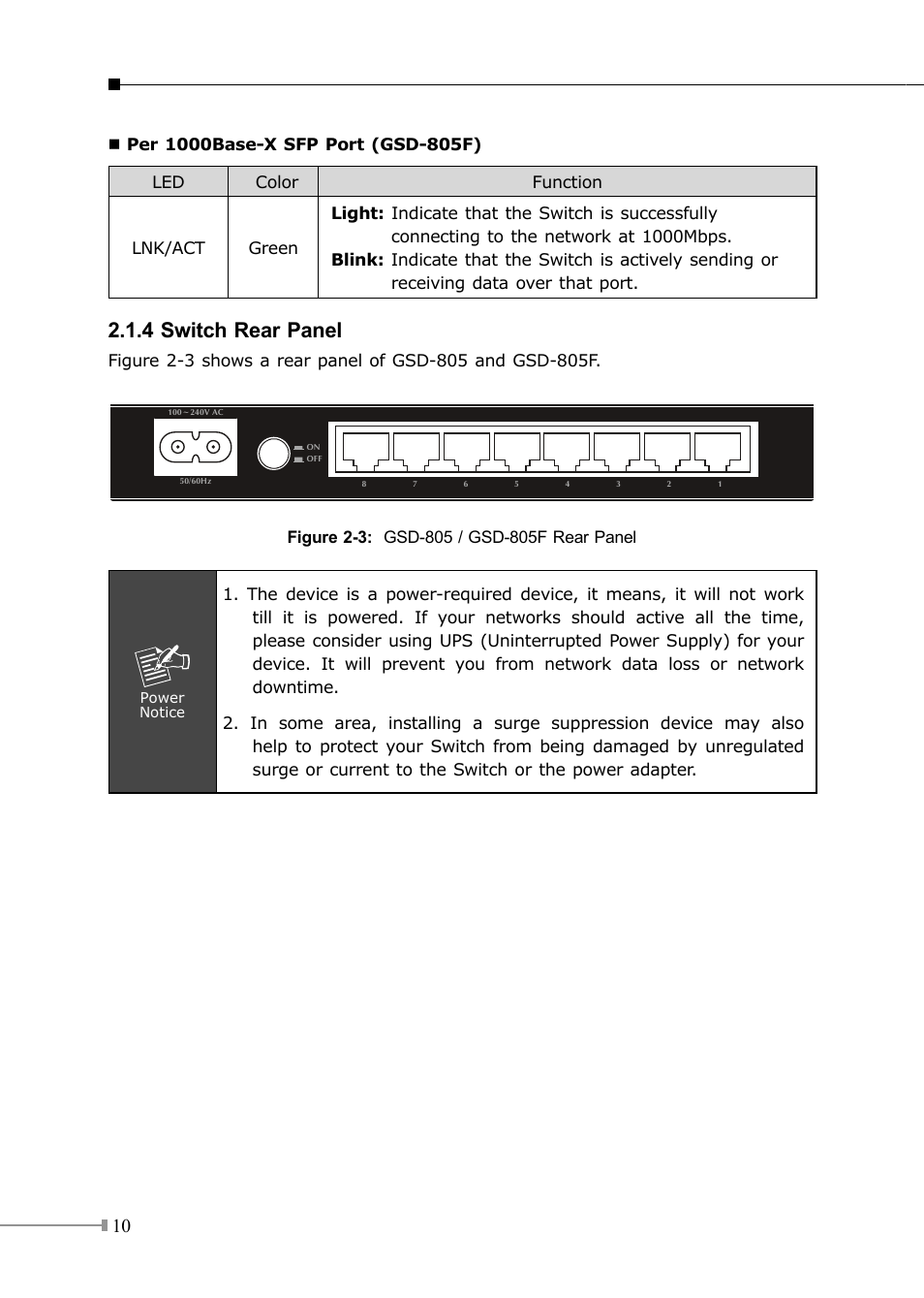4 switch rear panel | PLANET GSD-805 User Manual | Page 10 / 20