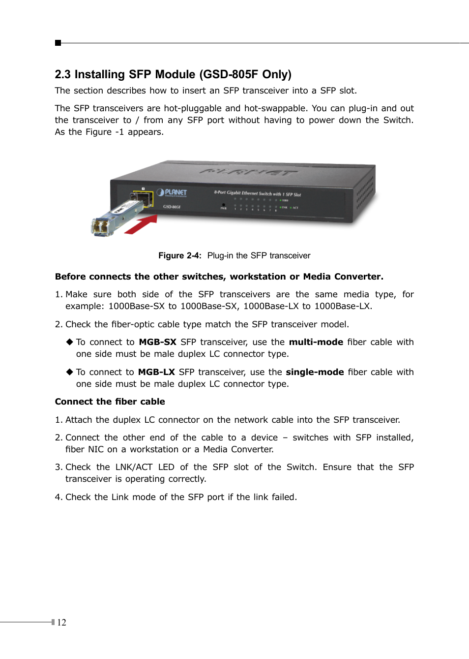 3 installing sfp module (gsd-805f only) | PLANET GSD-805 User Manual | Page 12 / 20