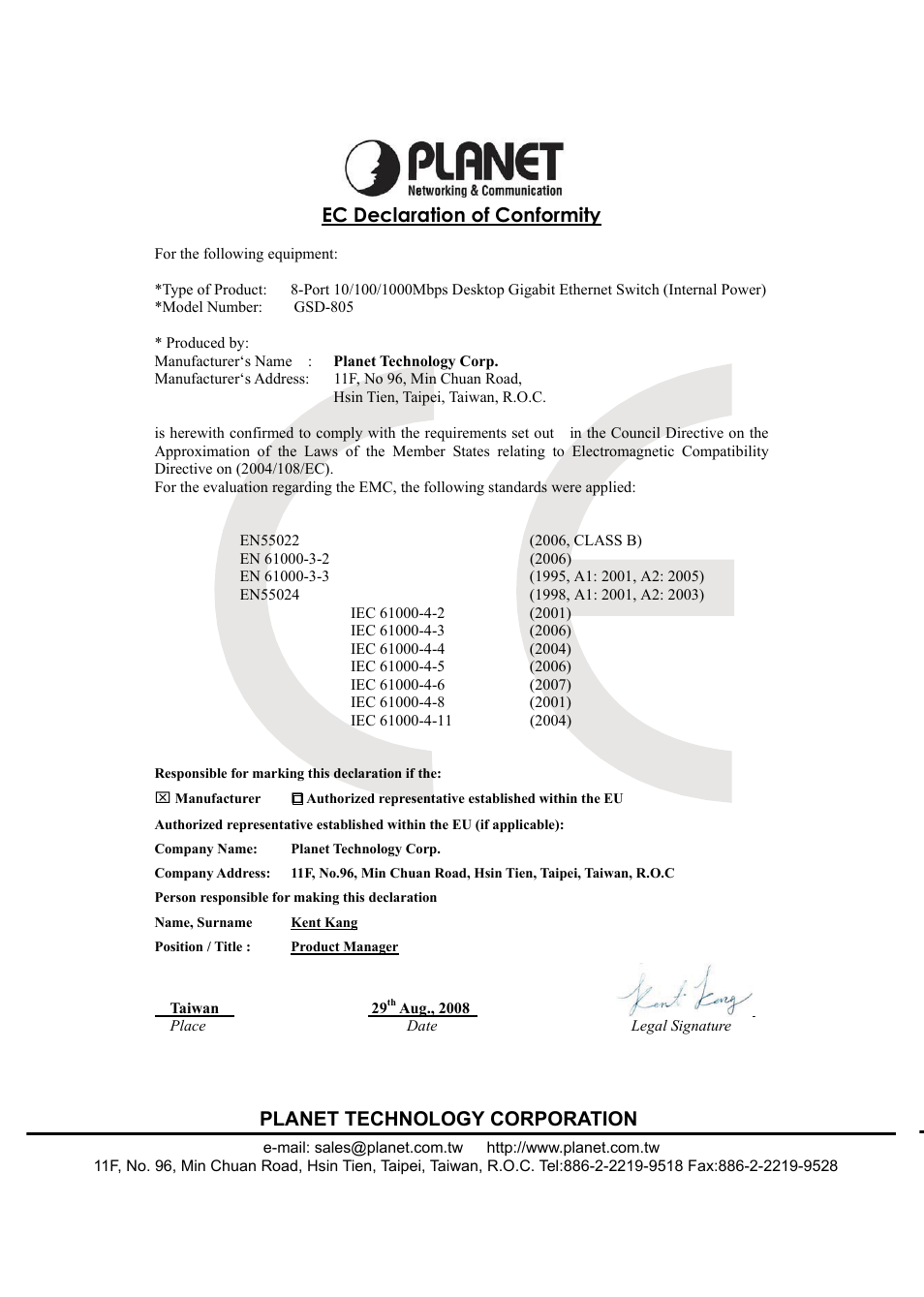 Planet technology corporation, Ec declaration of conformity | PLANET GSD-805 User Manual | Page 18 / 20