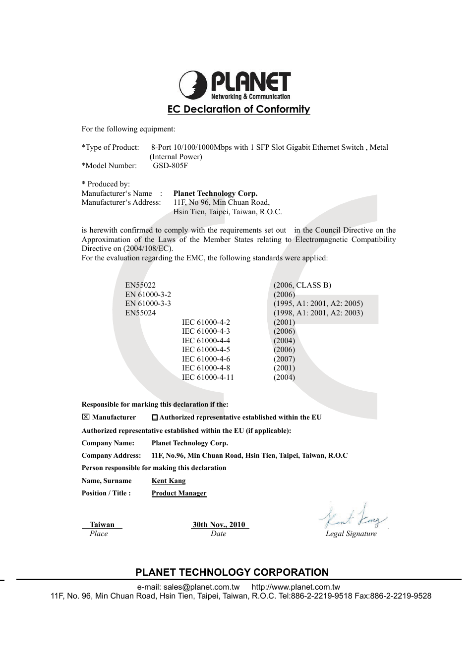 Planet technology corporation, Ec declaration of conformity | PLANET GSD-805 User Manual | Page 19 / 20