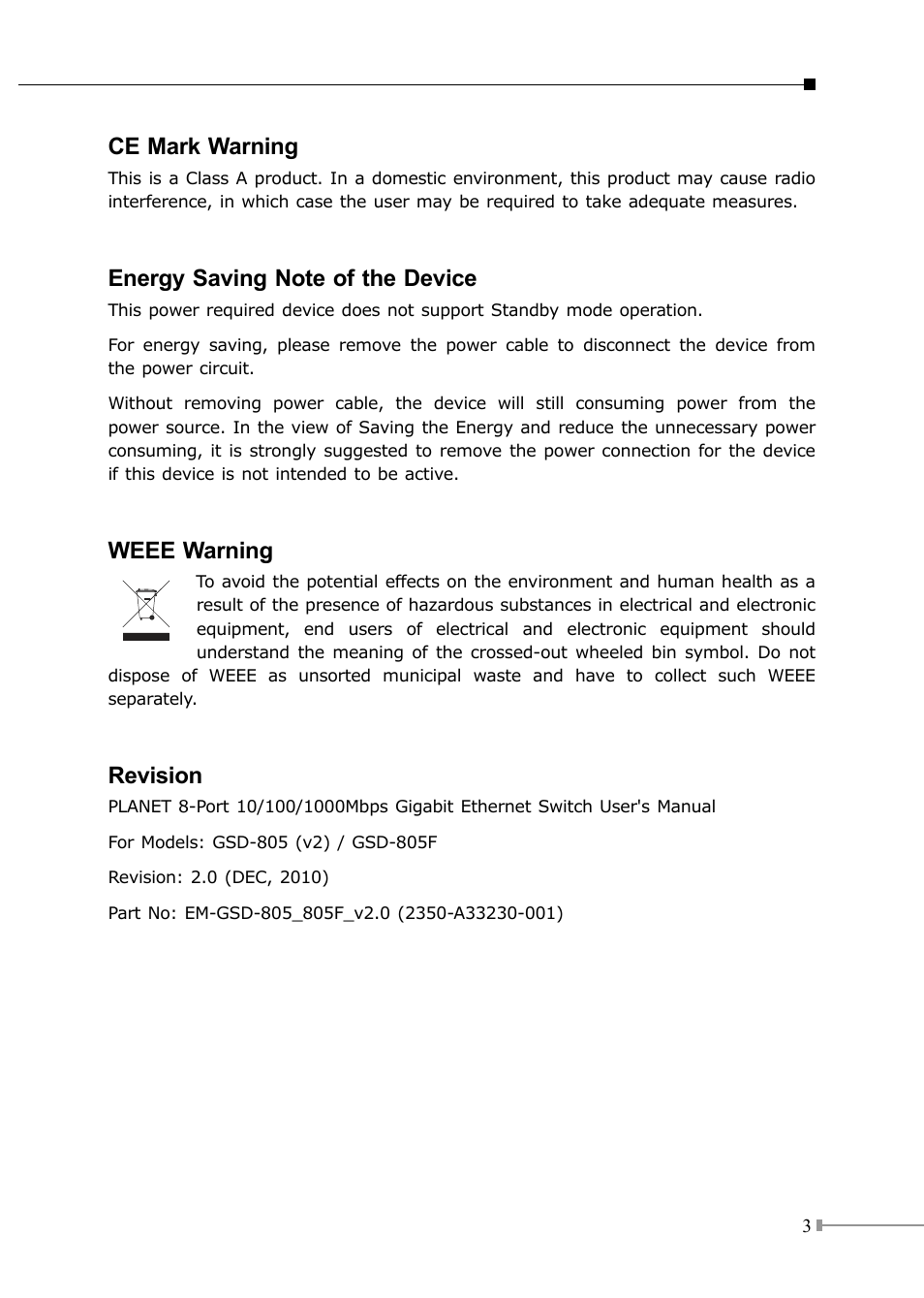 Ce mark warning, Weee warning, Revision | PLANET GSD-805 User Manual | Page 3 / 20