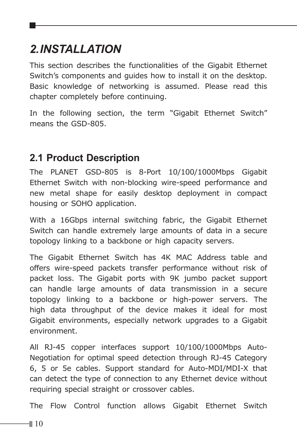 Installation, 1 product description | PLANET GSD-805 User Manual | Page 10 / 20