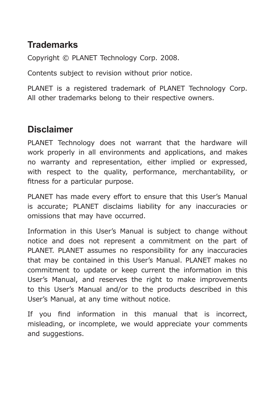 Trademarks, Disclaimer | PLANET GSD-805 User Manual | Page 2 / 20