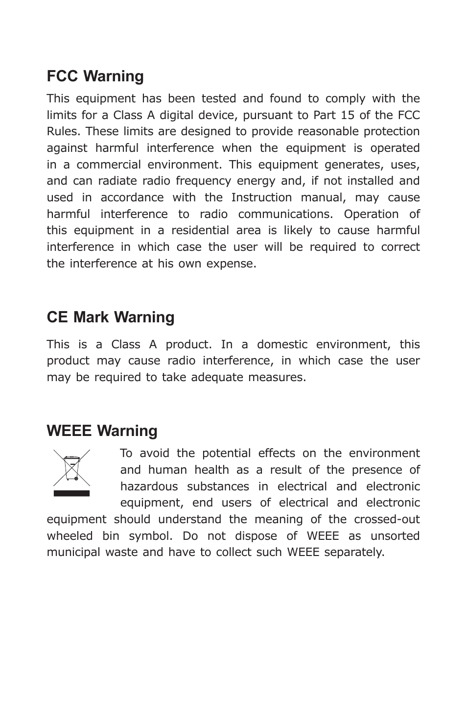 Fcc warning, Ce mark warning, Weee warning | PLANET GSD-805 User Manual | Page 3 / 20