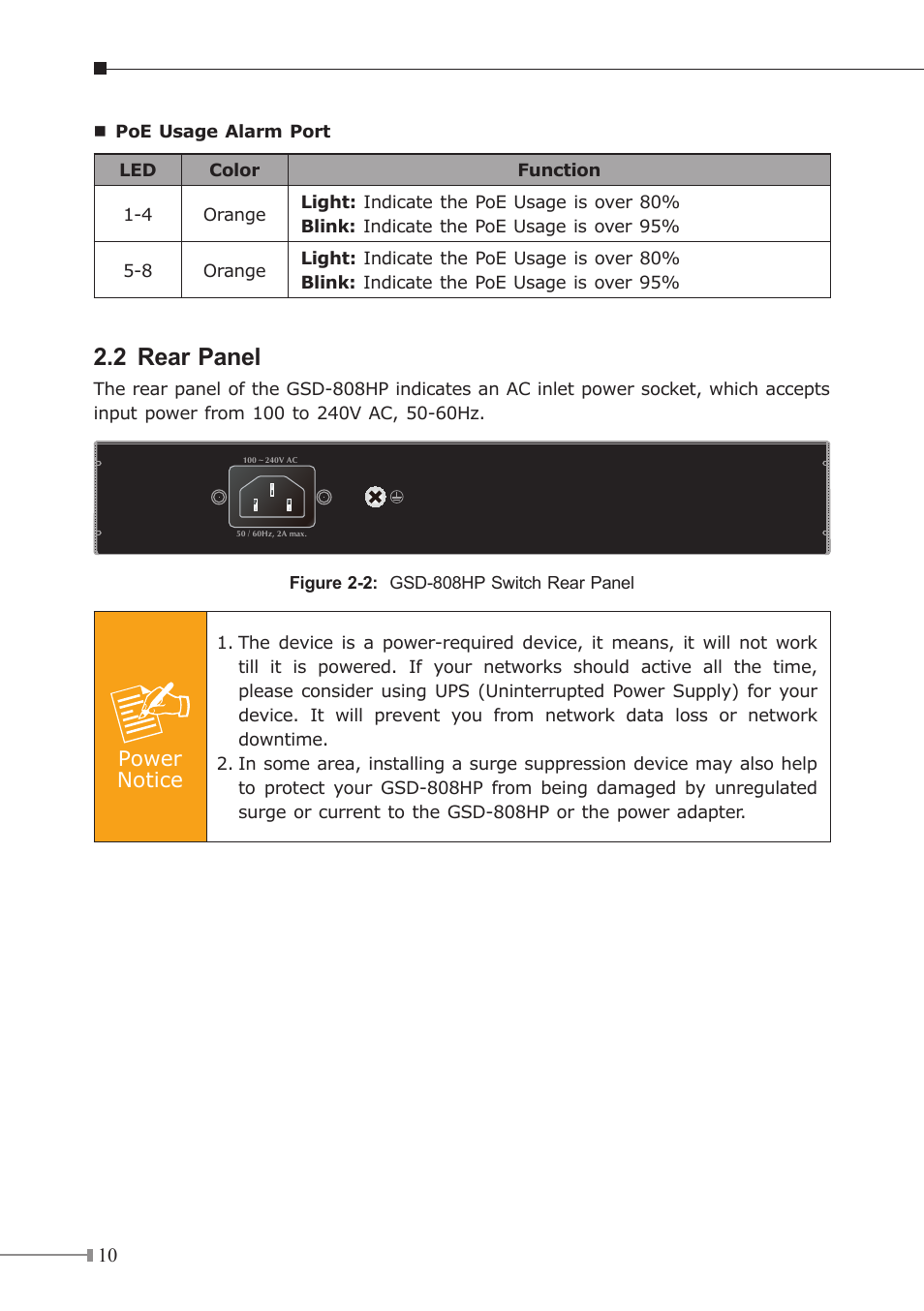 2 rear panel | PLANET GSD-808HP User Manual | Page 10 / 24