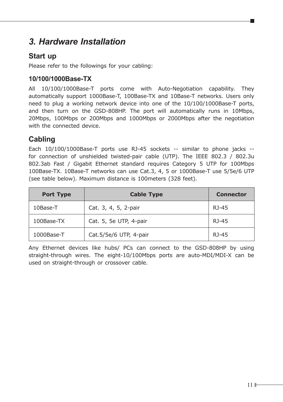 Hardware installation, Start up, Cabling | PLANET GSD-808HP User Manual | Page 11 / 24