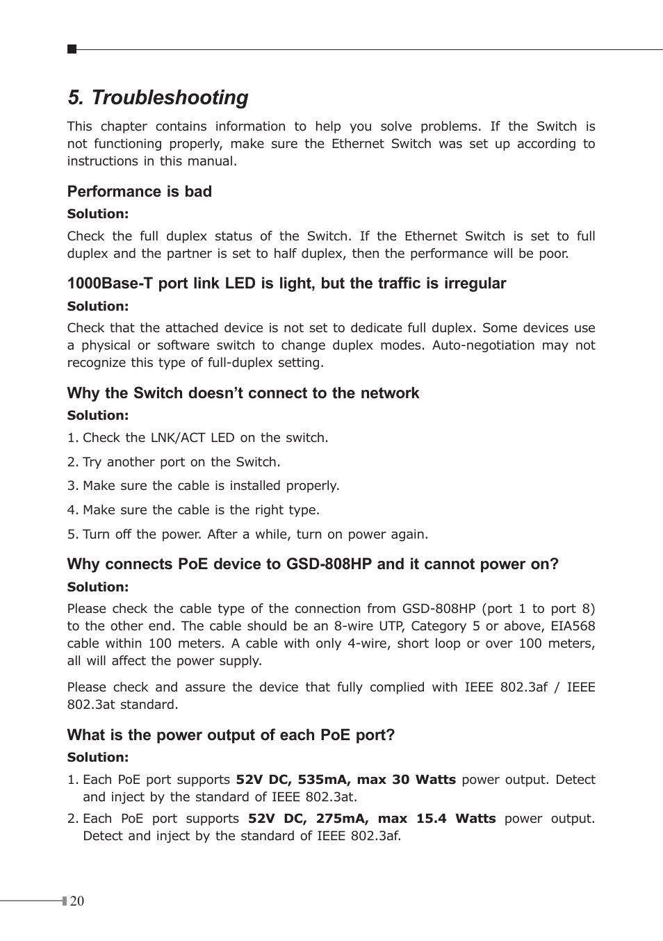 Troubleshooting | PLANET GSD-808HP User Manual | Page 20 / 24