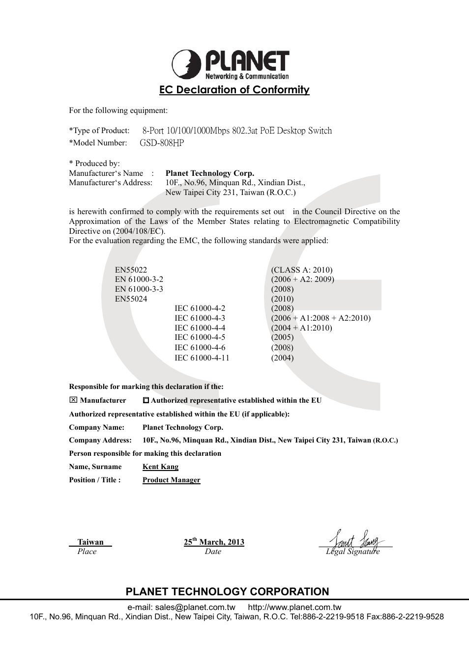Ec declaration of conformity, Planet technology corporation | PLANET GSD-808HP User Manual | Page 24 / 24