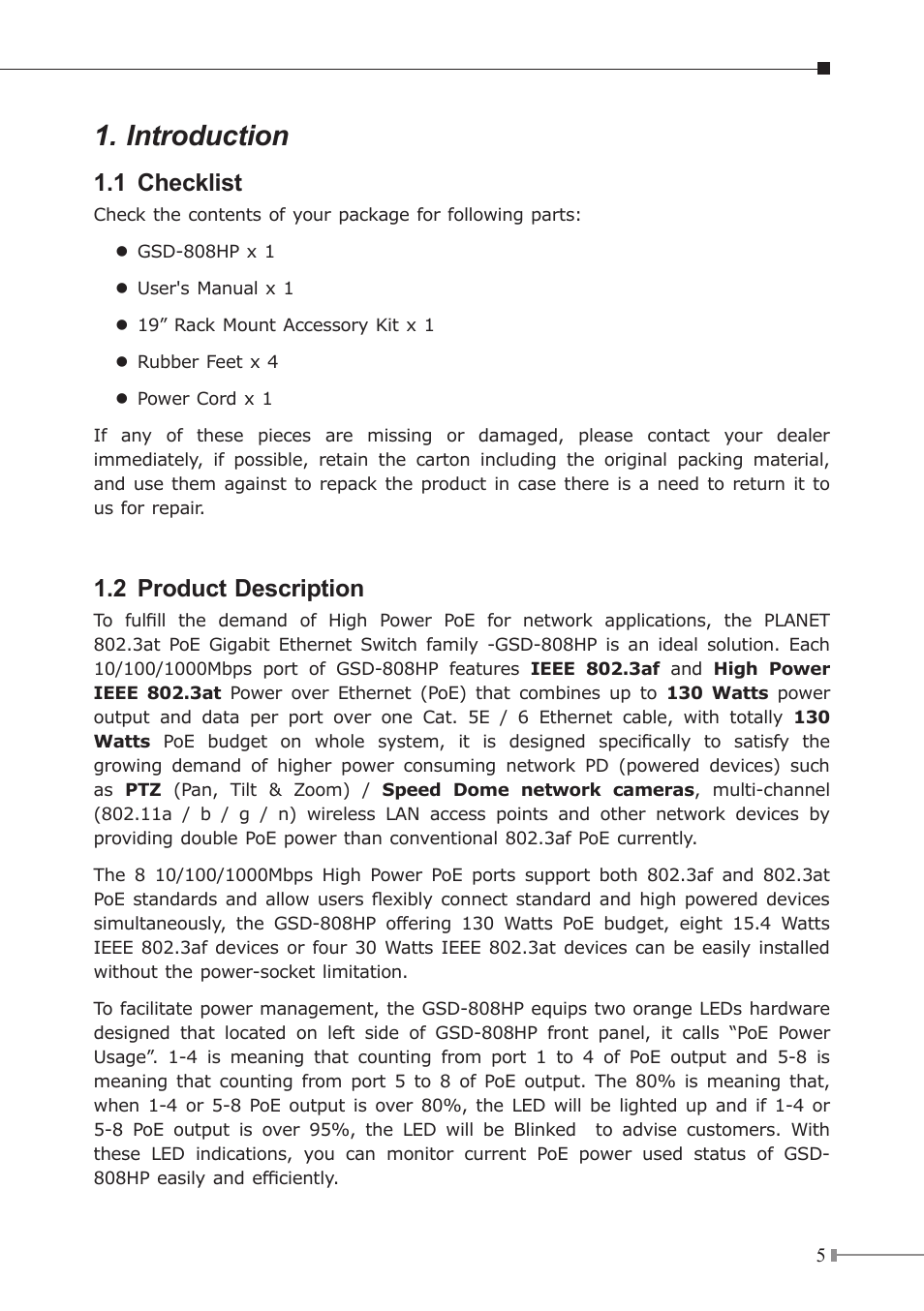 Introduction, 1 checklist, 2 product description | PLANET GSD-808HP User Manual | Page 5 / 24