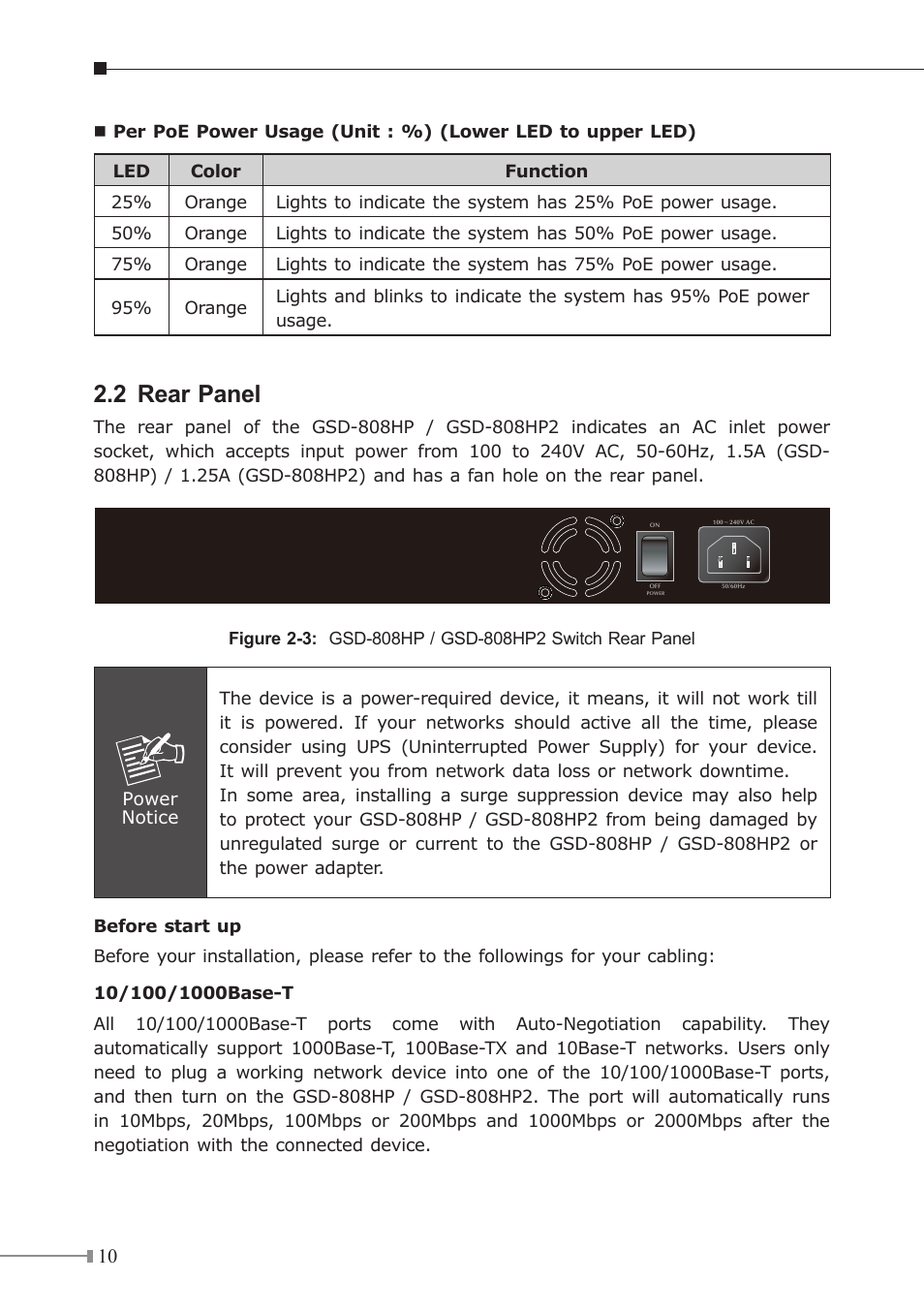 2 rear panel | PLANET GSD-808HP2 User Manual | Page 10 / 24