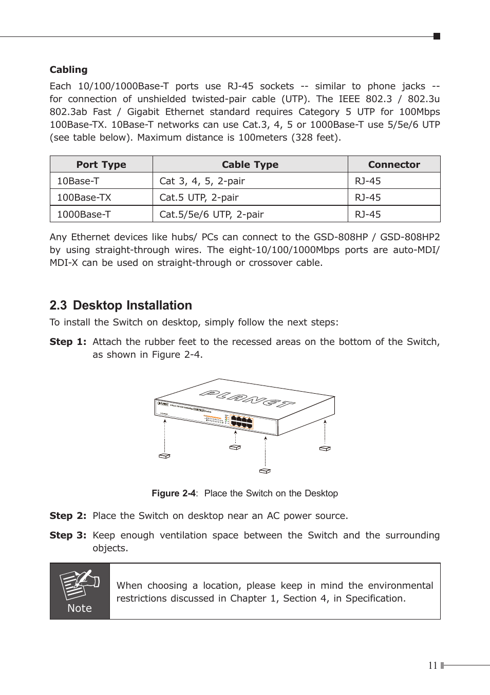 3 desktop installation | PLANET GSD-808HP2 User Manual | Page 11 / 24