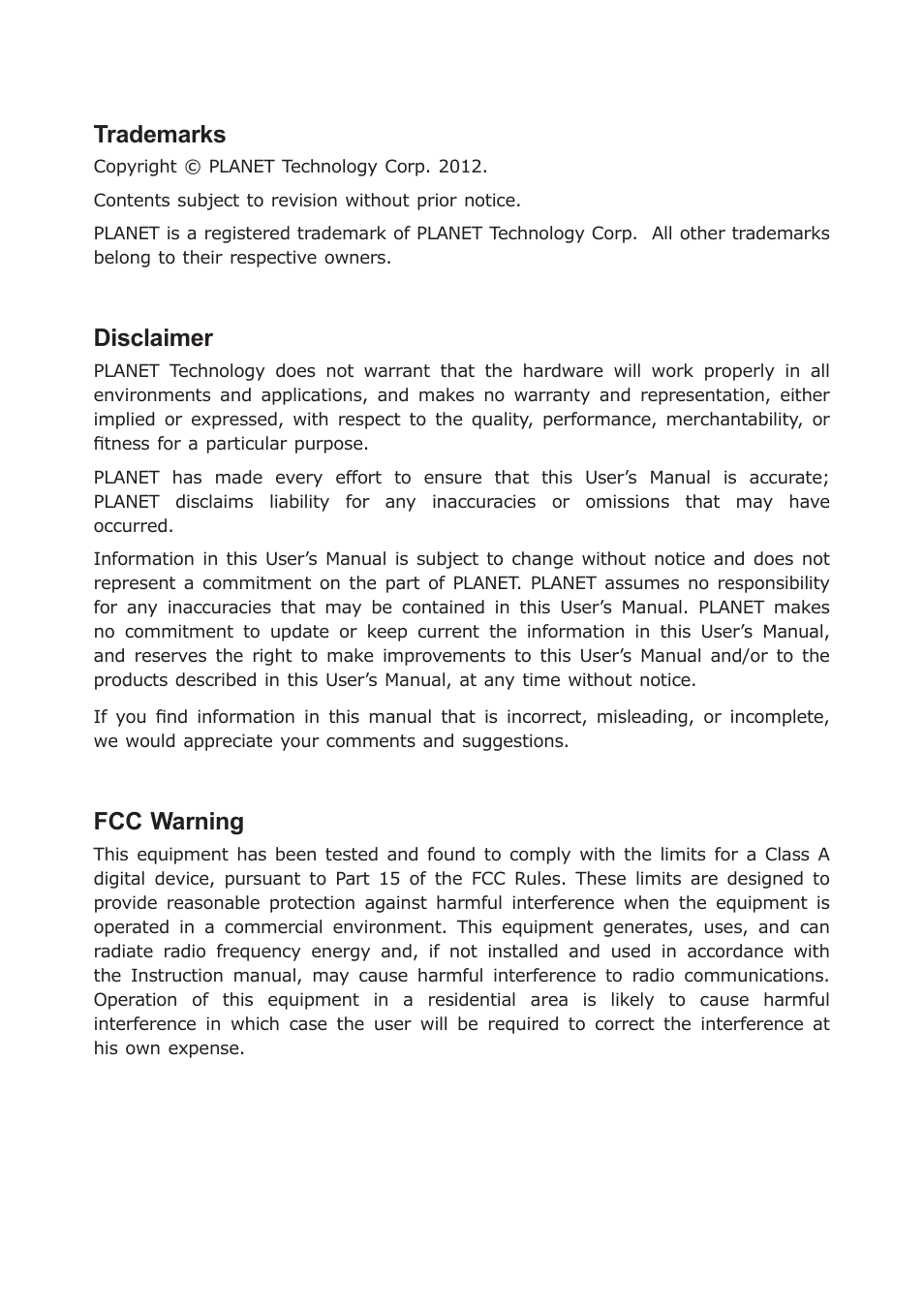 Trademarks, Disclaimer, Fcc warning | PLANET GSD-808HP2 User Manual | Page 2 / 24