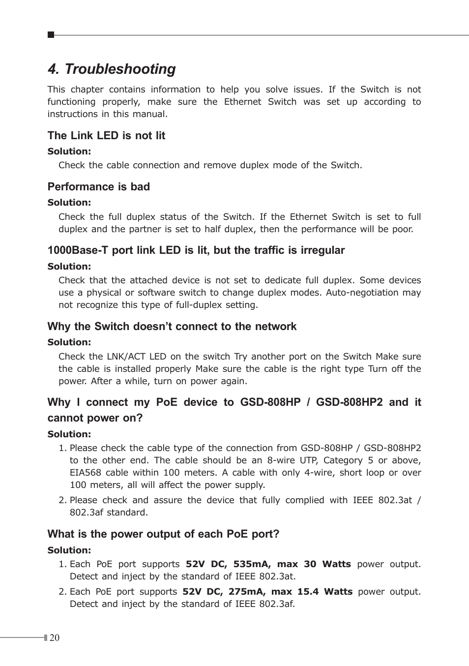 Troubleshooting | PLANET GSD-808HP2 User Manual | Page 20 / 24
