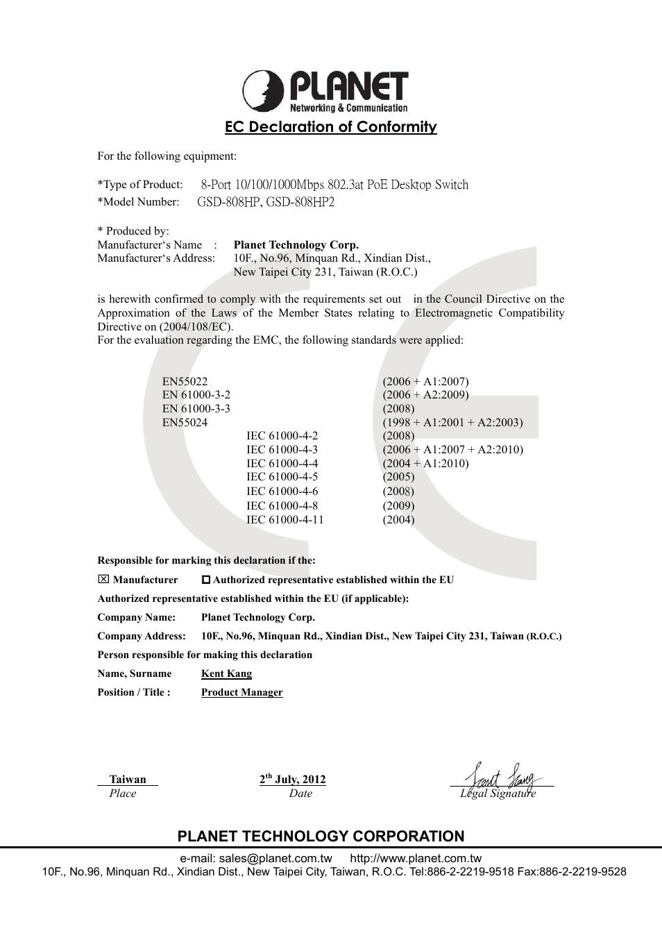 Ec declaration of conformity, Planet technology corporation | PLANET GSD-808HP2 User Manual | Page 24 / 24