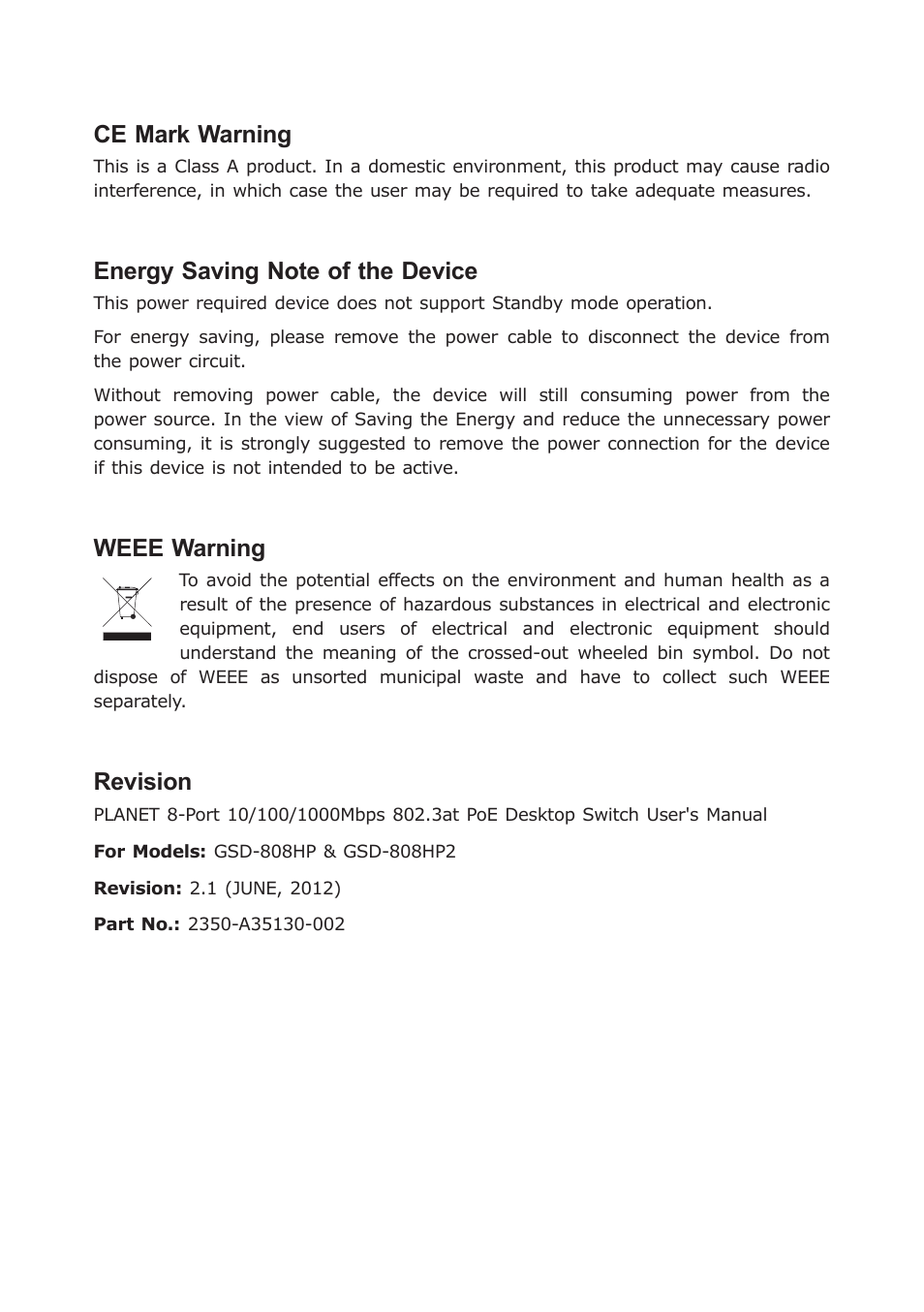 Ce mark warning, Weee warning, Revision | PLANET GSD-808HP2 User Manual | Page 3 / 24