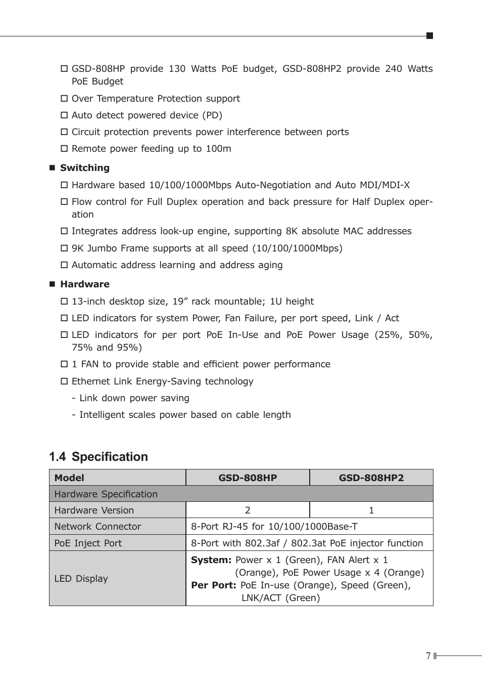 4 specification | PLANET GSD-808HP2 User Manual | Page 7 / 24