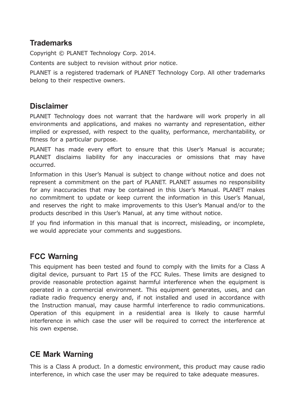 Trademarks, Disclaimer, Fcc warning | Ce mark warning | PLANET GSD-908HP User Manual | Page 2 / 20