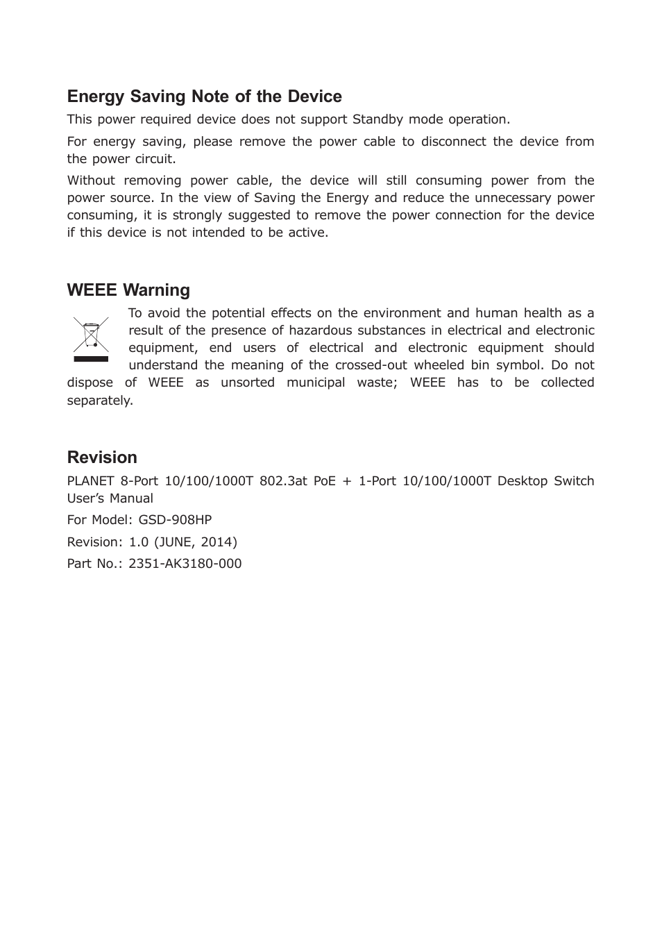 Weee warning, Revision | PLANET GSD-908HP User Manual | Page 3 / 20