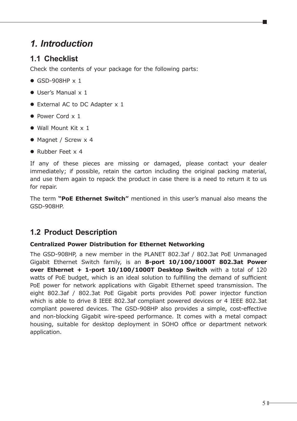 Introduction, 1 checklist, 2 product description | PLANET GSD-908HP User Manual | Page 5 / 20