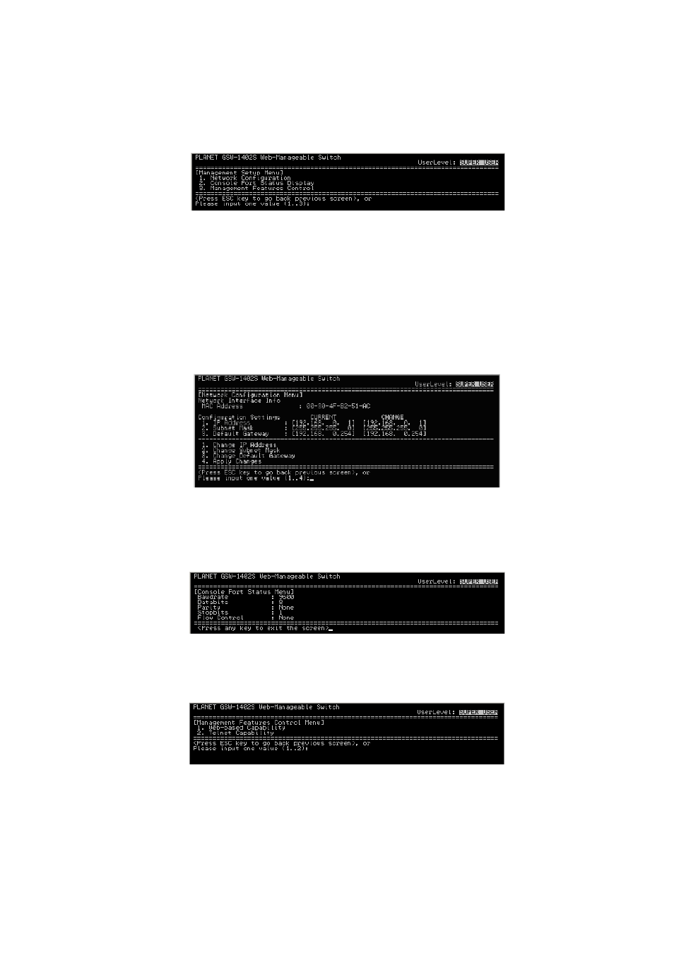 4 management setup menu, 1 network configuration, 2 console port status display | 3 management features control, 1 web-based capability | PLANET GSW-1402S User Manual | Page 11 / 29