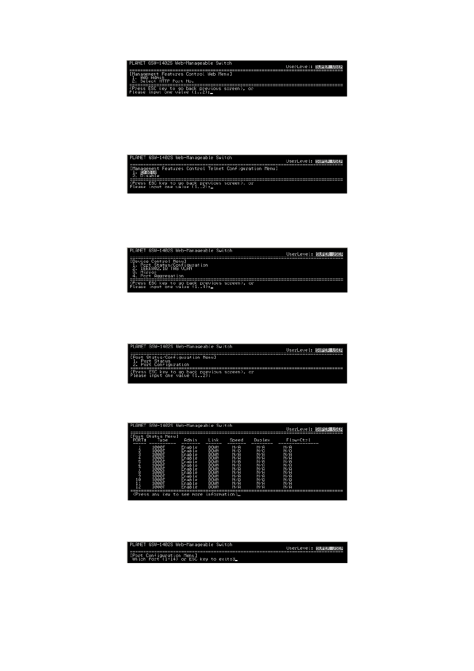 2 telnet capability, 5 device control menu, 1 port status/configuration | PLANET GSW-1402S User Manual | Page 12 / 29