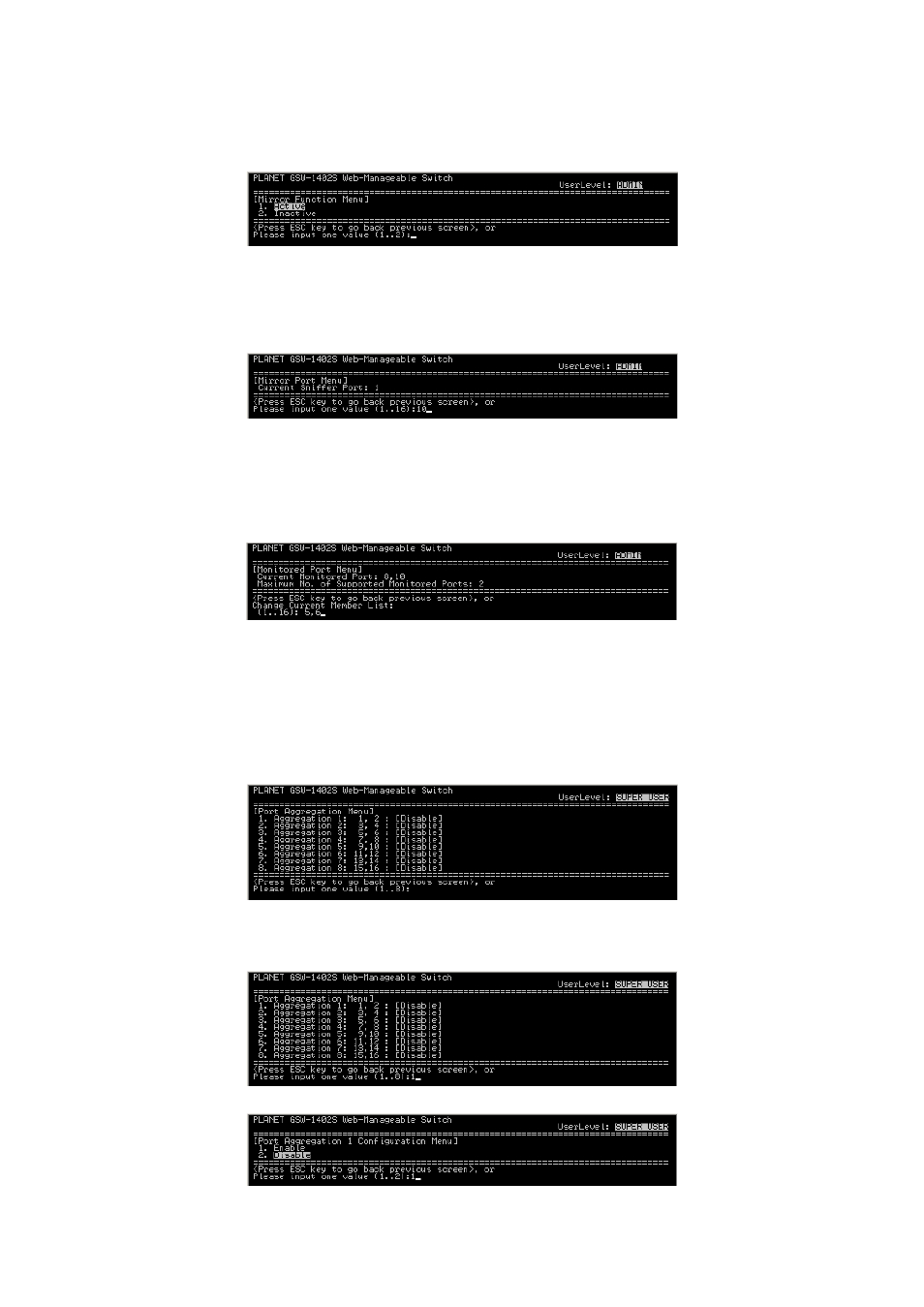 1 mirror function, 2 choose sniffer port, 3 choose monitored port | 4 port aggregation | PLANET GSW-1402S User Manual | Page 15 / 29