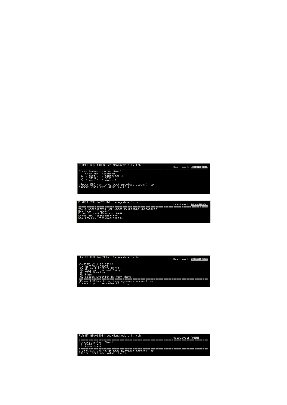 6 user authentication menu, 7 system utility menu, 1 system restart | PLANET GSW-1402S User Manual | Page 16 / 29