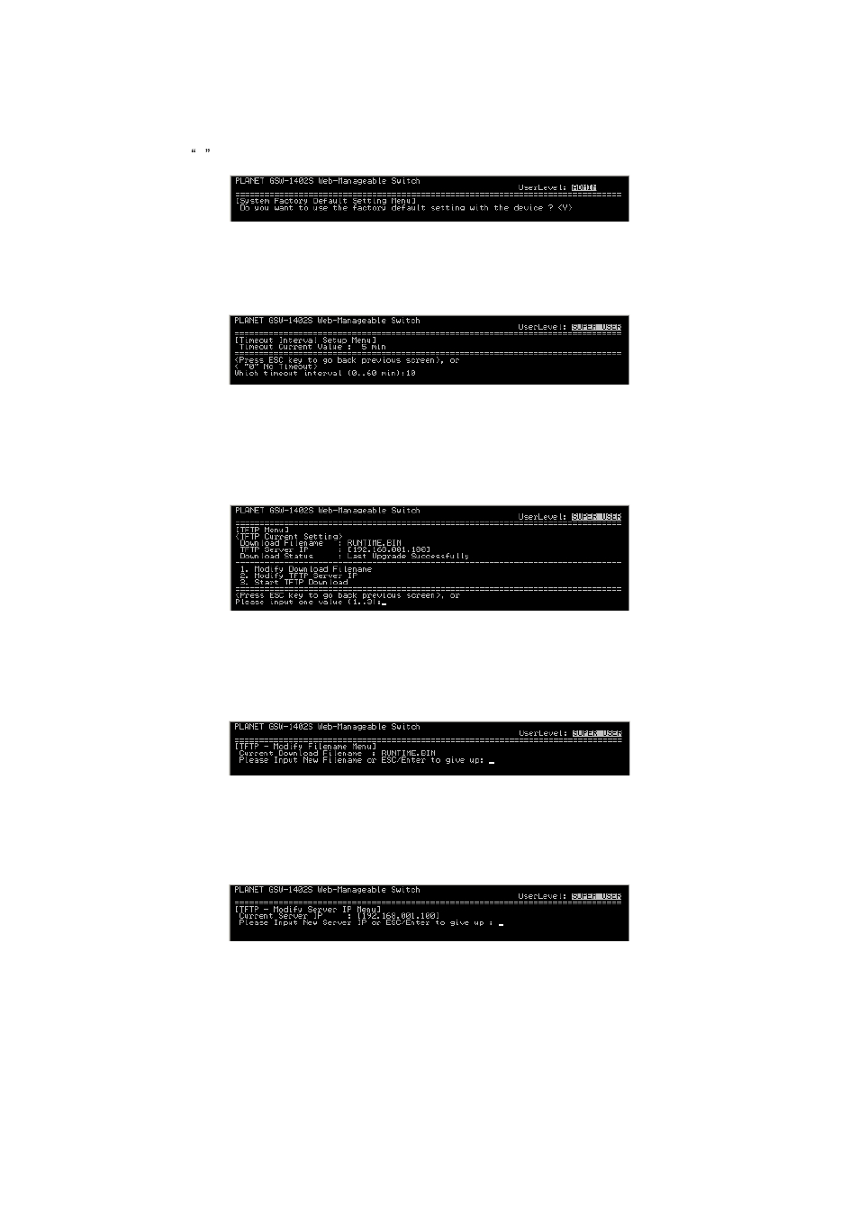 2 default factory reset, 3 timeout interval setup, 4 tftp download | 1 modify download filename, 2 modify tftp server ip, 3 start tftp download, 5 ping | PLANET GSW-1402S User Manual | Page 17 / 29