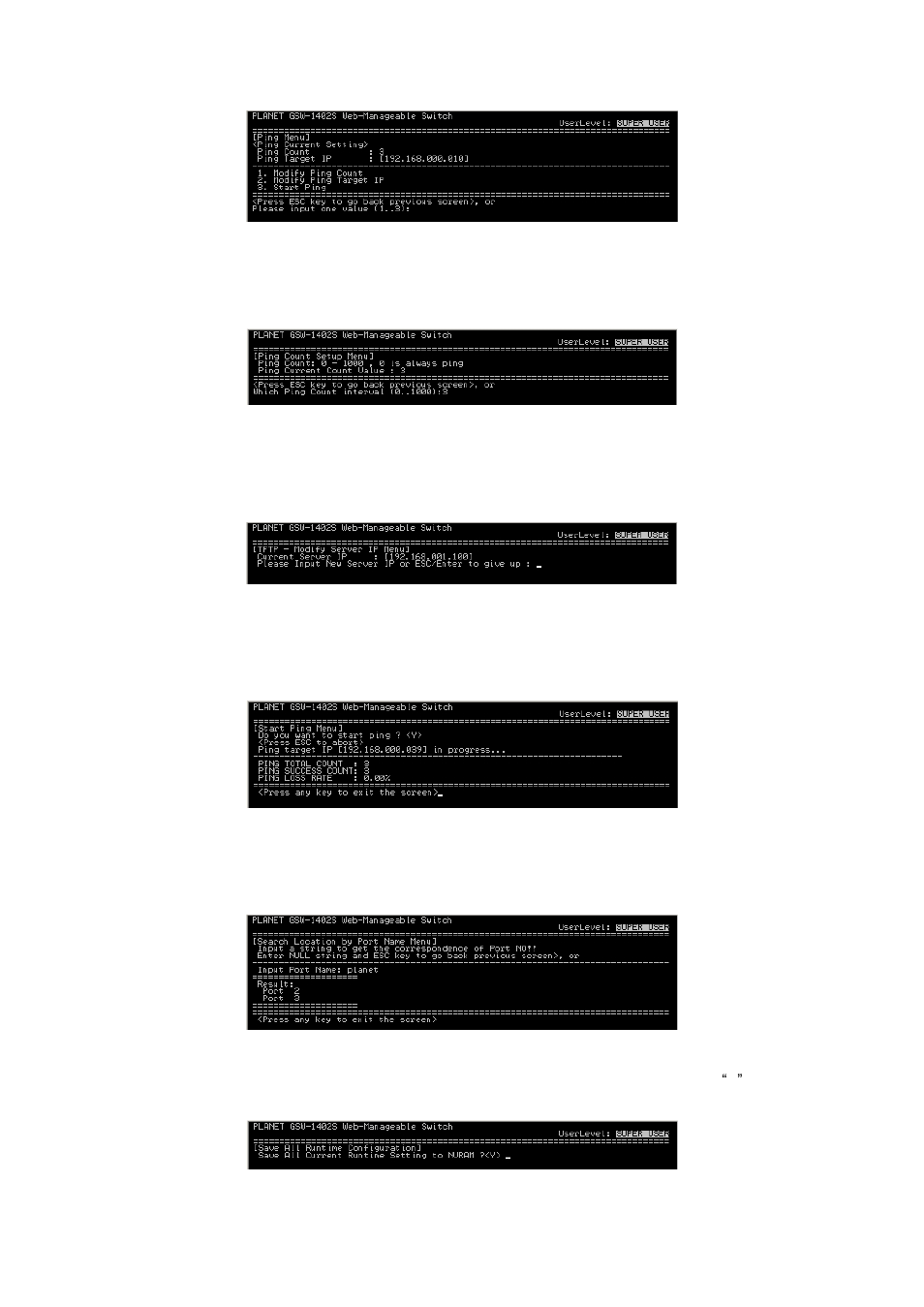 1 modify ping count, 2 modify ping target ip, 3 start ping | 6 search location by port name, 8 save runtime configuration | PLANET GSW-1402S User Manual | Page 18 / 29