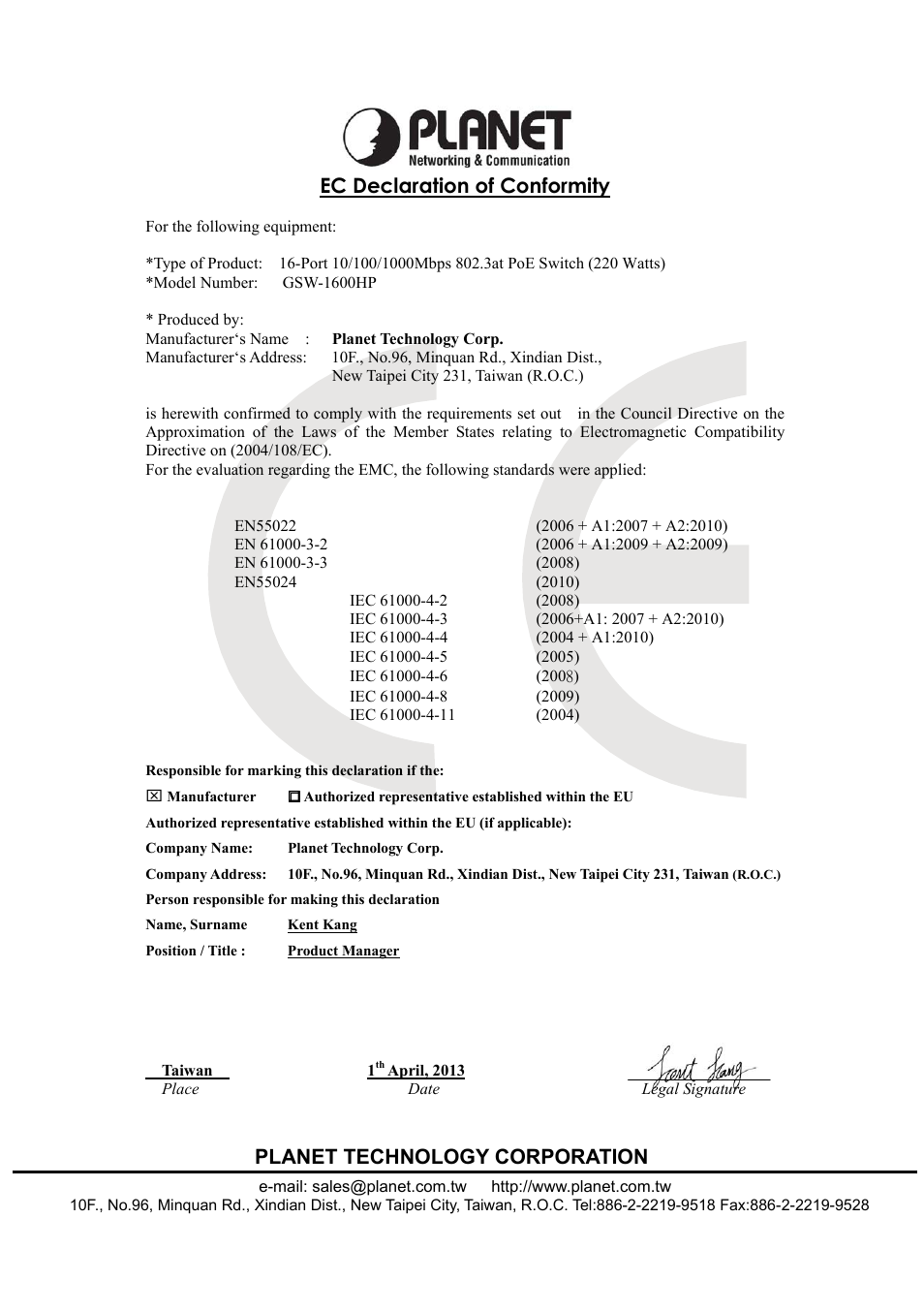 Ec declaration of conformity, Planet technology corporation | PLANET GSW-1600HP User Manual | Page 22 / 24