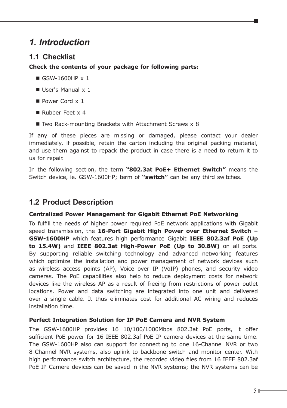 Introduction, 1 checklist, 2 product description | PLANET GSW-1600HP User Manual | Page 5 / 24