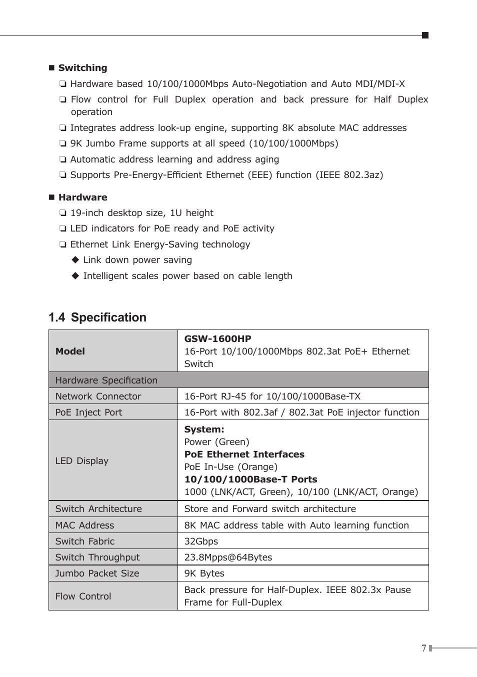 4 specification | PLANET GSW-1600HP User Manual | Page 7 / 24