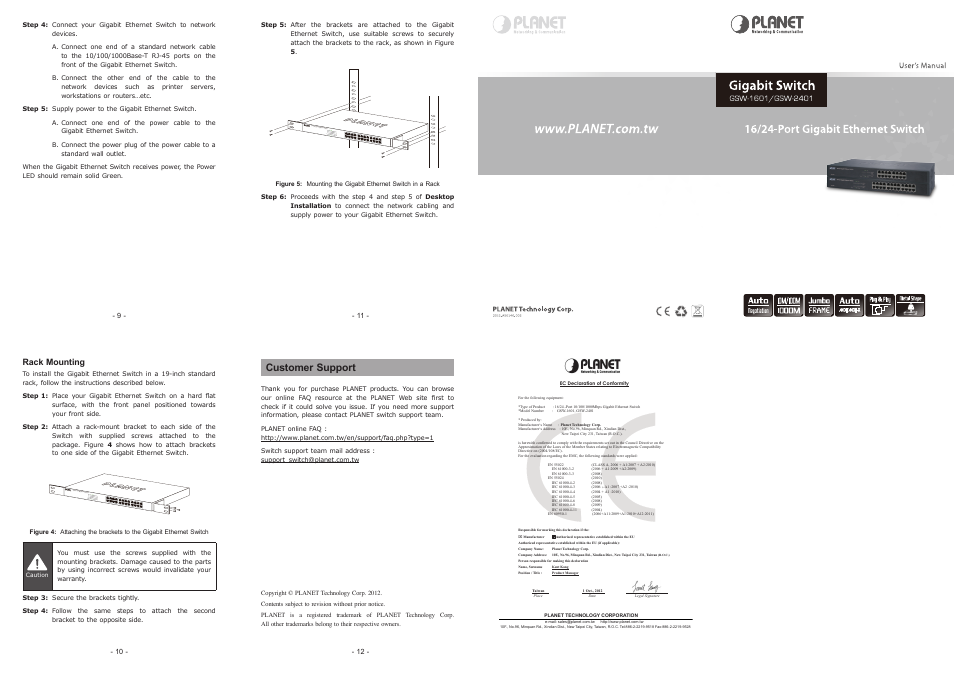 Port gigabit ethernet switch, Customer support, Rack mounting | PLANET GSW-1601 User Manual | Page 2 / 2