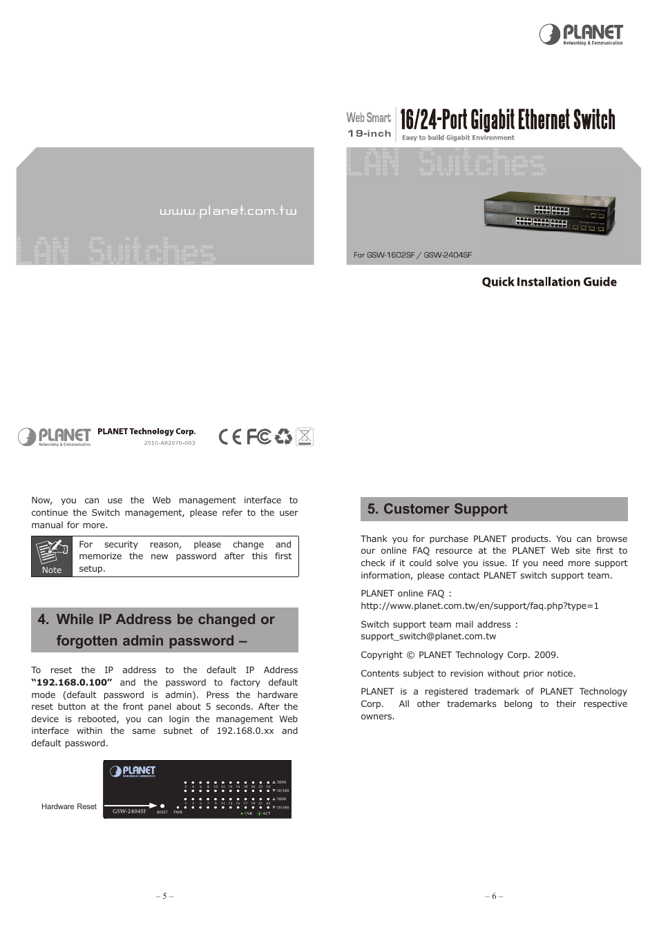 Customer support | PLANET GSW-1602SF User Manual | Page 2 / 2