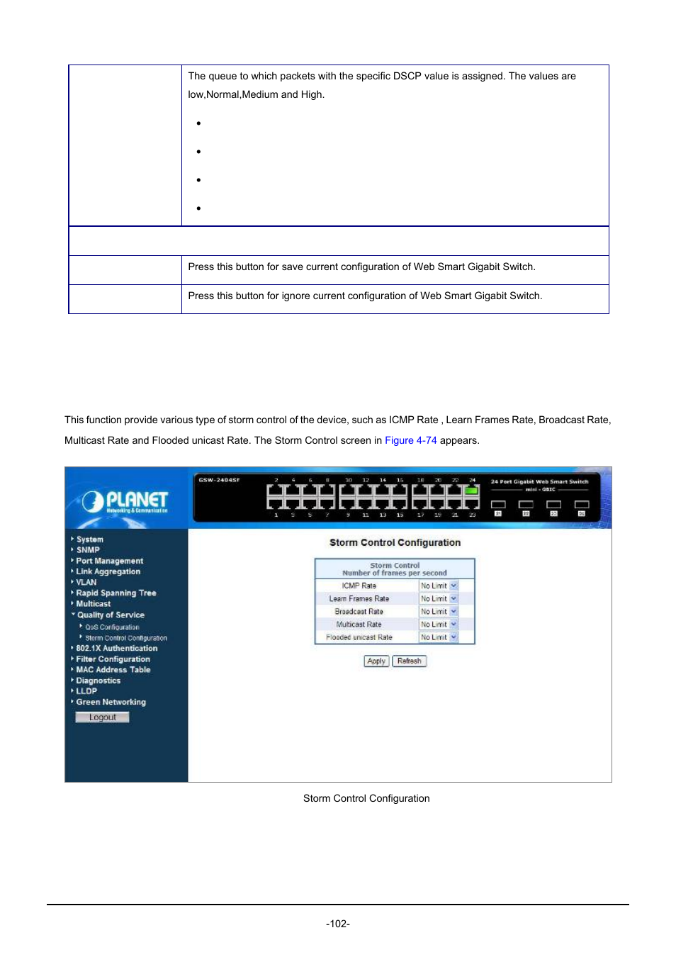 5 storm control configuration | PLANET GSW-1602SF User Manual | Page 108 / 139