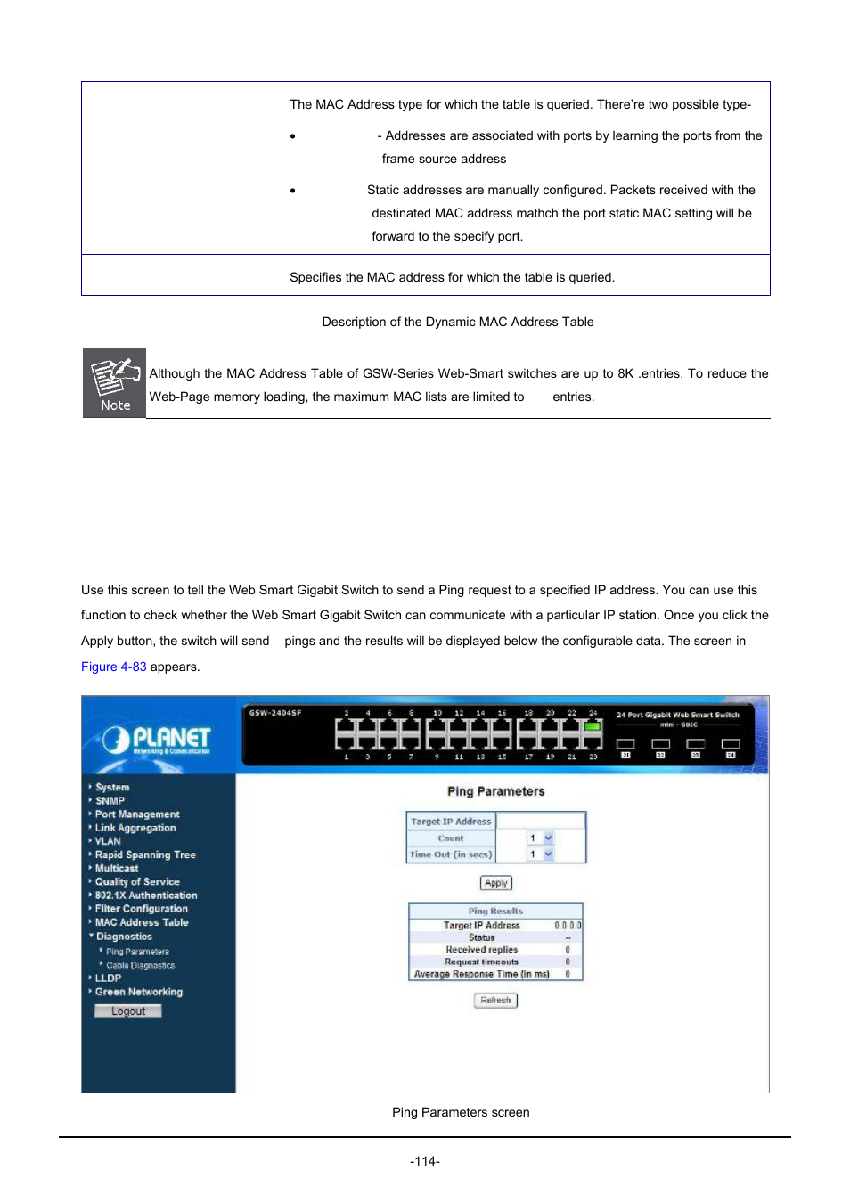 13 diagnostics, 1 ping parameters, Iagnostics | PLANET GSW-1602SF User Manual | Page 120 / 139