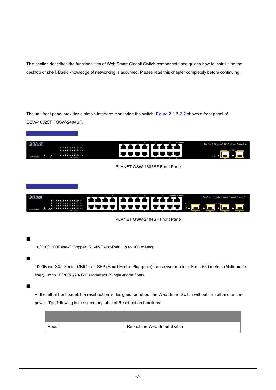 Installation, 1 hardware description, 1 switch front panel | Ardware, Escription | PLANET GSW-1602SF User Manual | Page 13 / 139