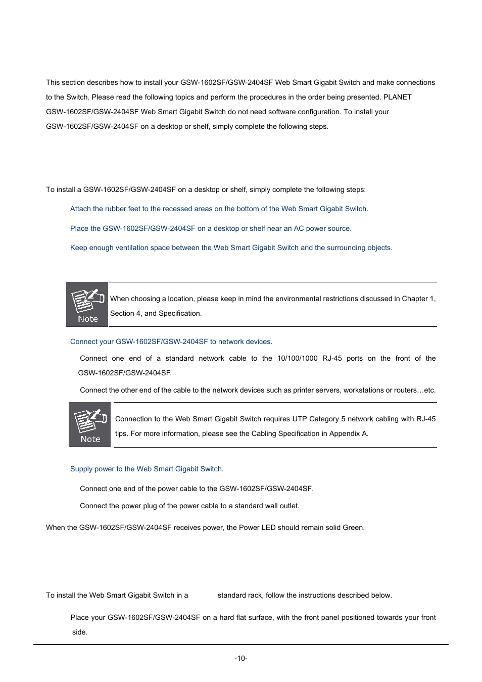 2 install the gsw-1602sf/gsw-2404sf, 1 desktop installation, 2 rack mounting | Nstall the, Gsw-1602sf/gsw-2404sf | PLANET GSW-1602SF User Manual | Page 16 / 139