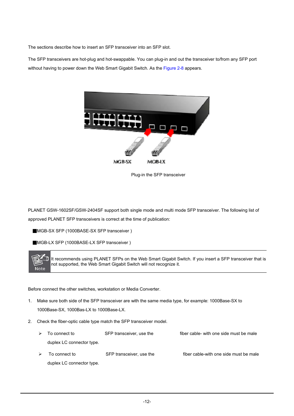 3 installing the sfp transceiver | PLANET GSW-1602SF User Manual | Page 18 / 139