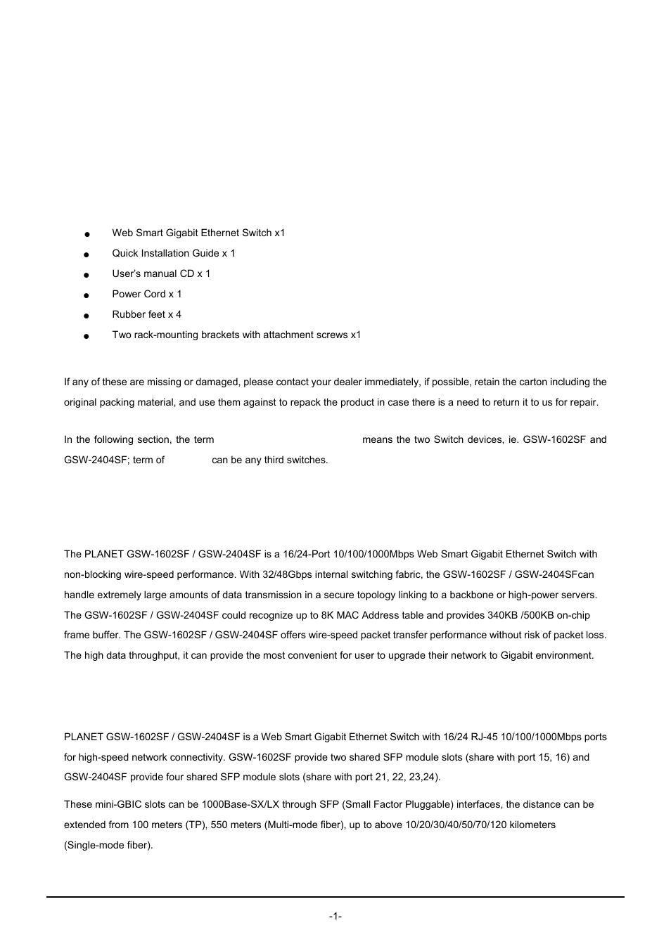 Introduction, 1 package contents, 2 product description | Ackage, Ontents, Roduct, Escription, Product overview | PLANET GSW-1602SF User Manual | Page 7 / 139