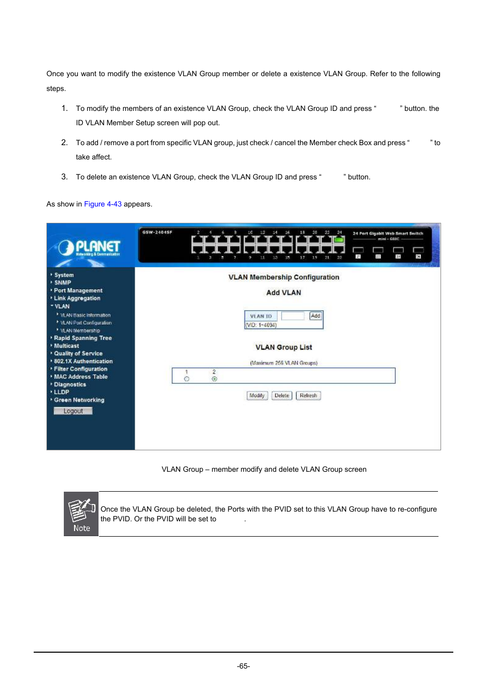 2 modify the vlan group member | PLANET GSW-1602SF User Manual | Page 71 / 139