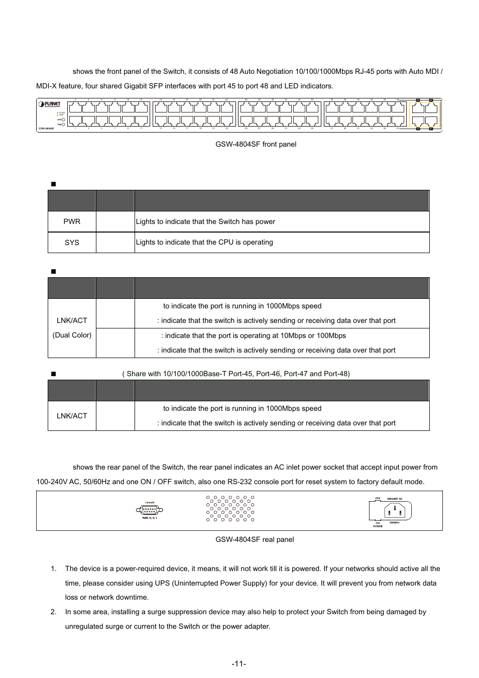 2 switch front panel, 3 led indications, 4 switch rear panel | User’s manual of gsw-4804sf, 1 led indications | PLANET GSW-4804SF User Manual | Page 11 / 113