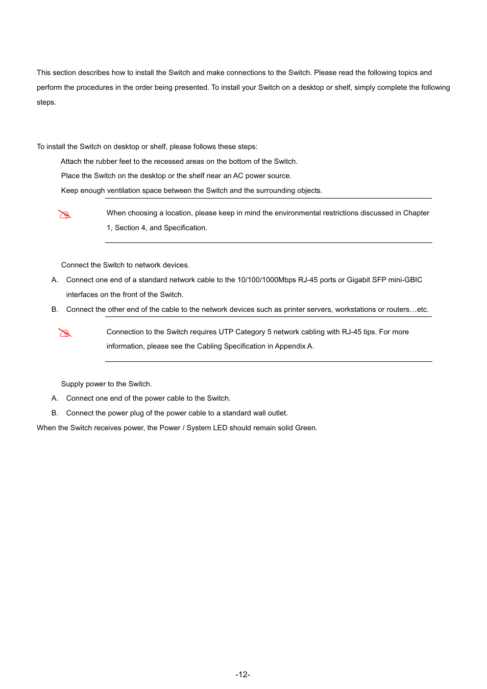 2 install the switch, 1 desktop installation | PLANET GSW-4804SF User Manual | Page 12 / 113