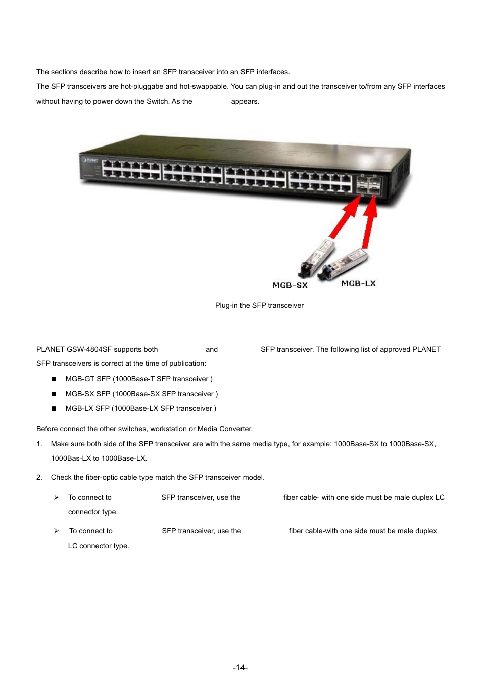 3 installing the sfp transceiver | PLANET GSW-4804SF User Manual | Page 14 / 113