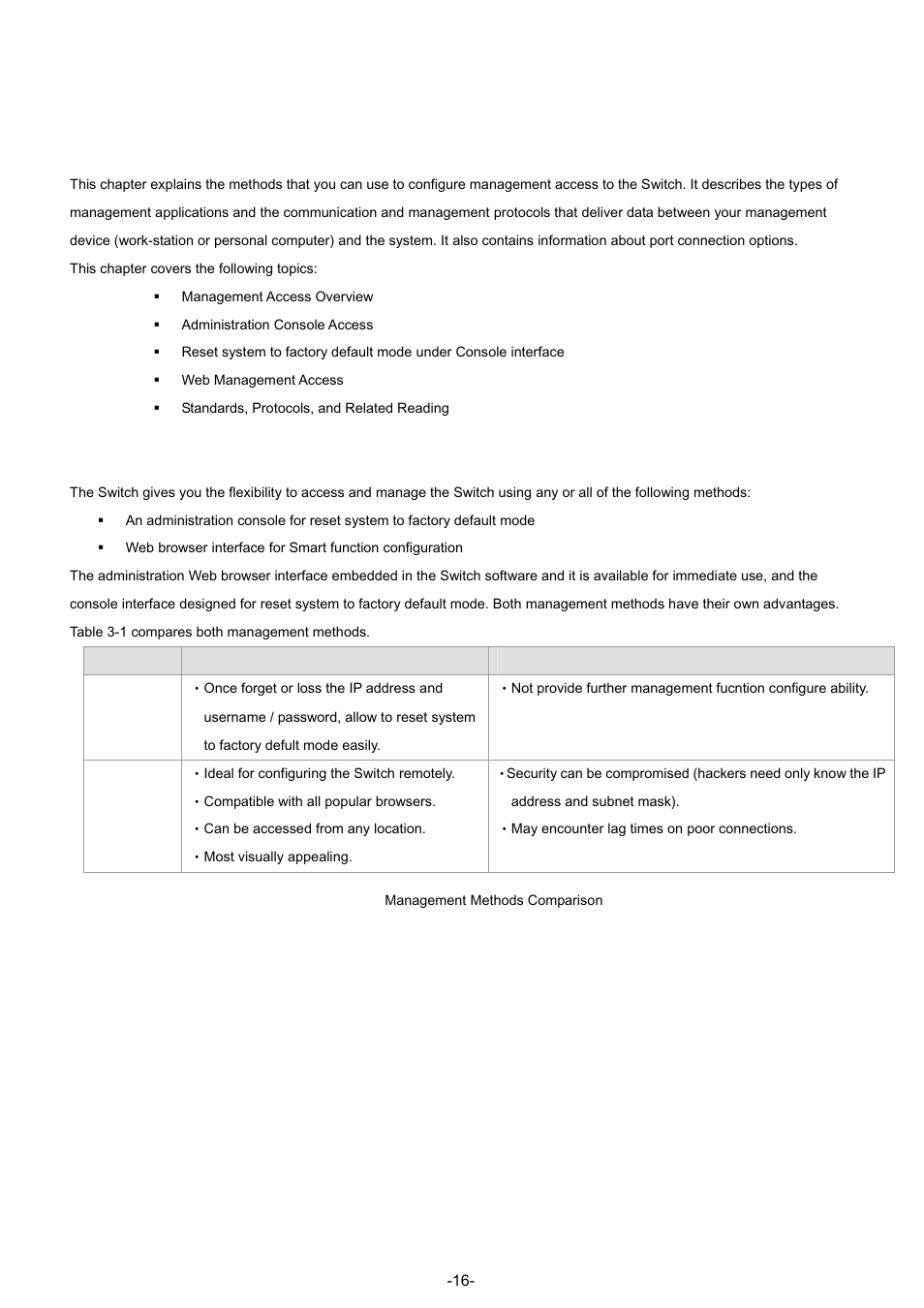 Configuration, 1 management access overview | PLANET GSW-4804SF User Manual | Page 16 / 113