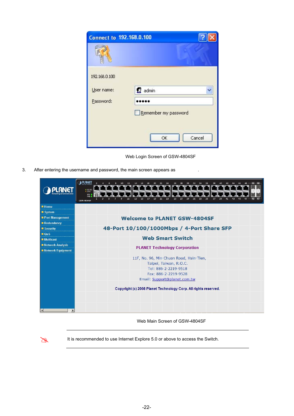 PLANET GSW-4804SF User Manual | Page 22 / 113