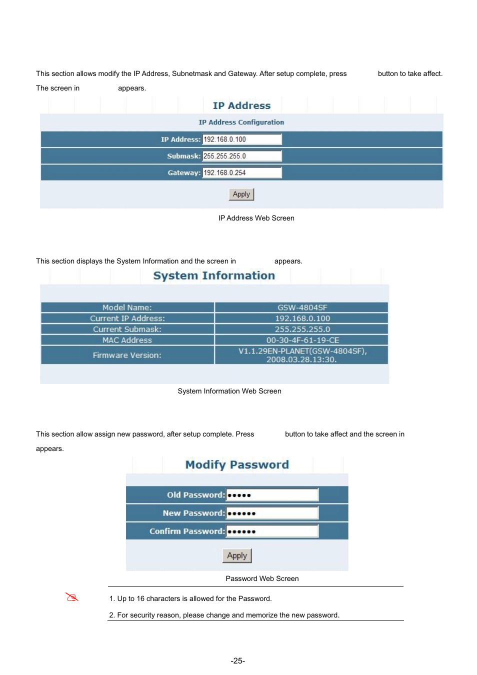 1 ip address, 2 system information, 3 password | PLANET GSW-4804SF User Manual | Page 25 / 113