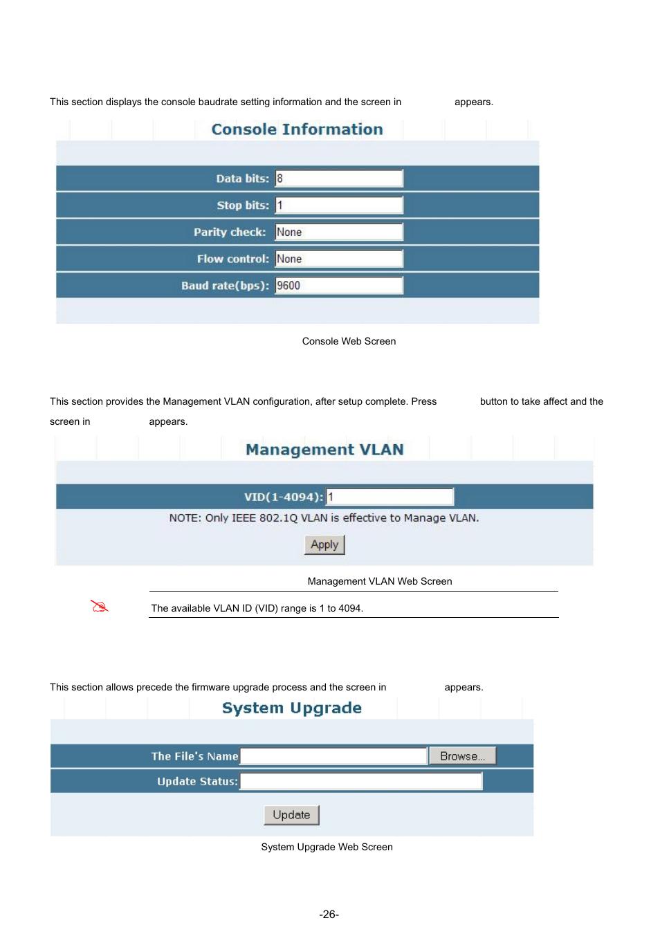 4 console, 5 management vlan, 6 system upgrade | PLANET GSW-4804SF User Manual | Page 26 / 113