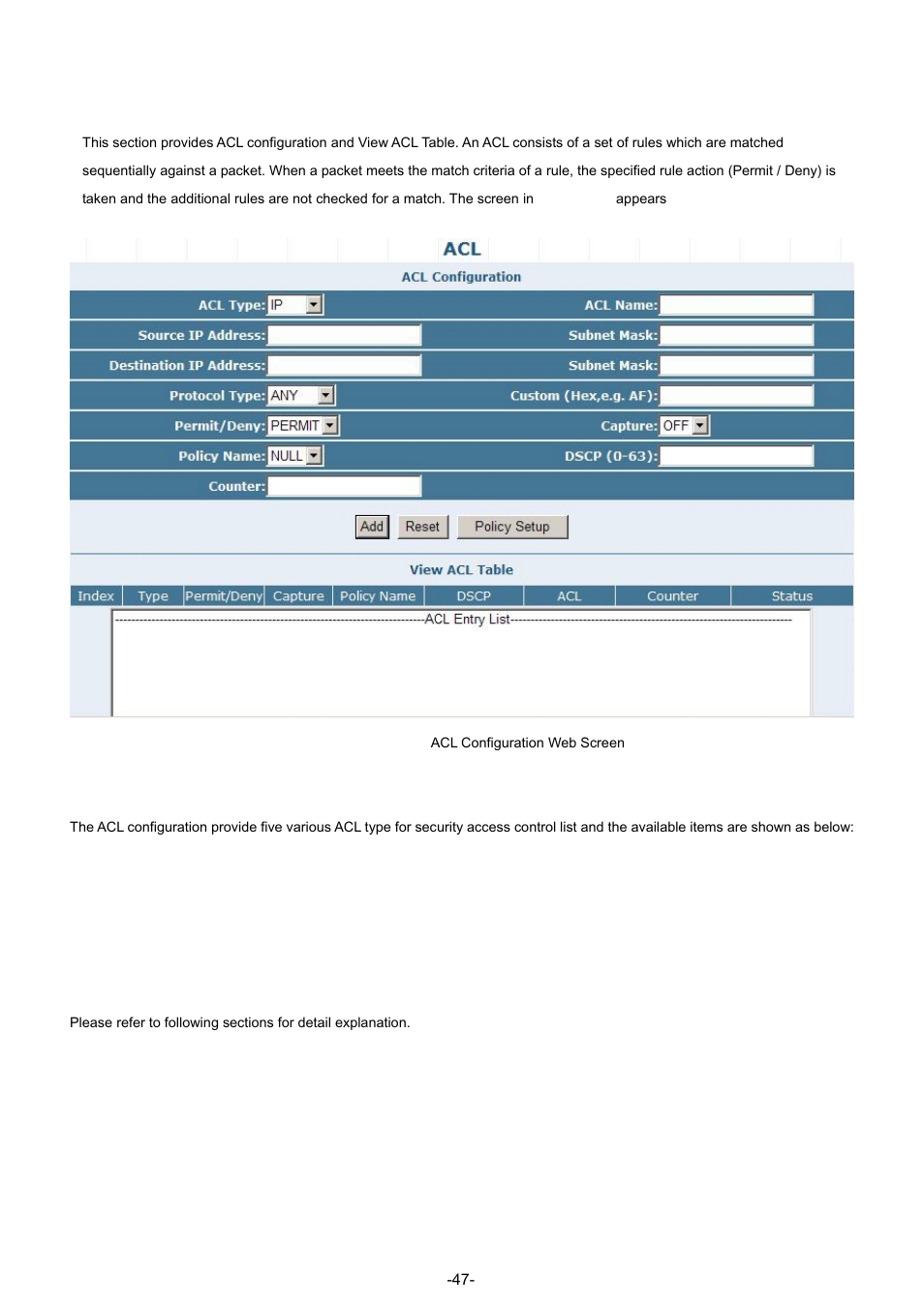 1 acl, Acl configuration | PLANET GSW-4804SF User Manual | Page 47 / 113