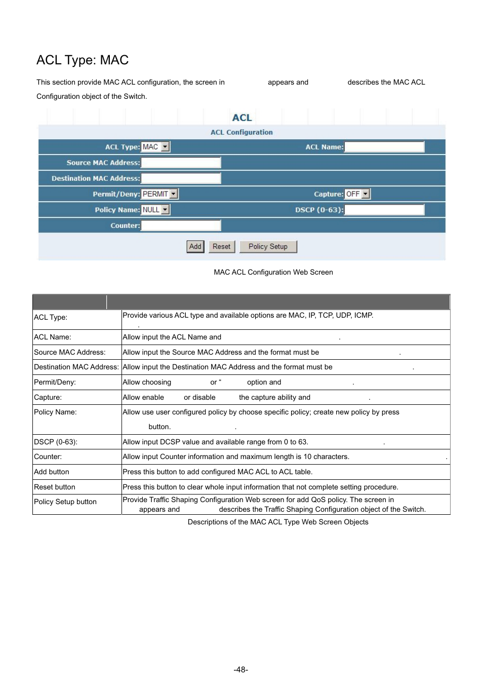 Acl type: mac | PLANET GSW-4804SF User Manual | Page 48 / 113